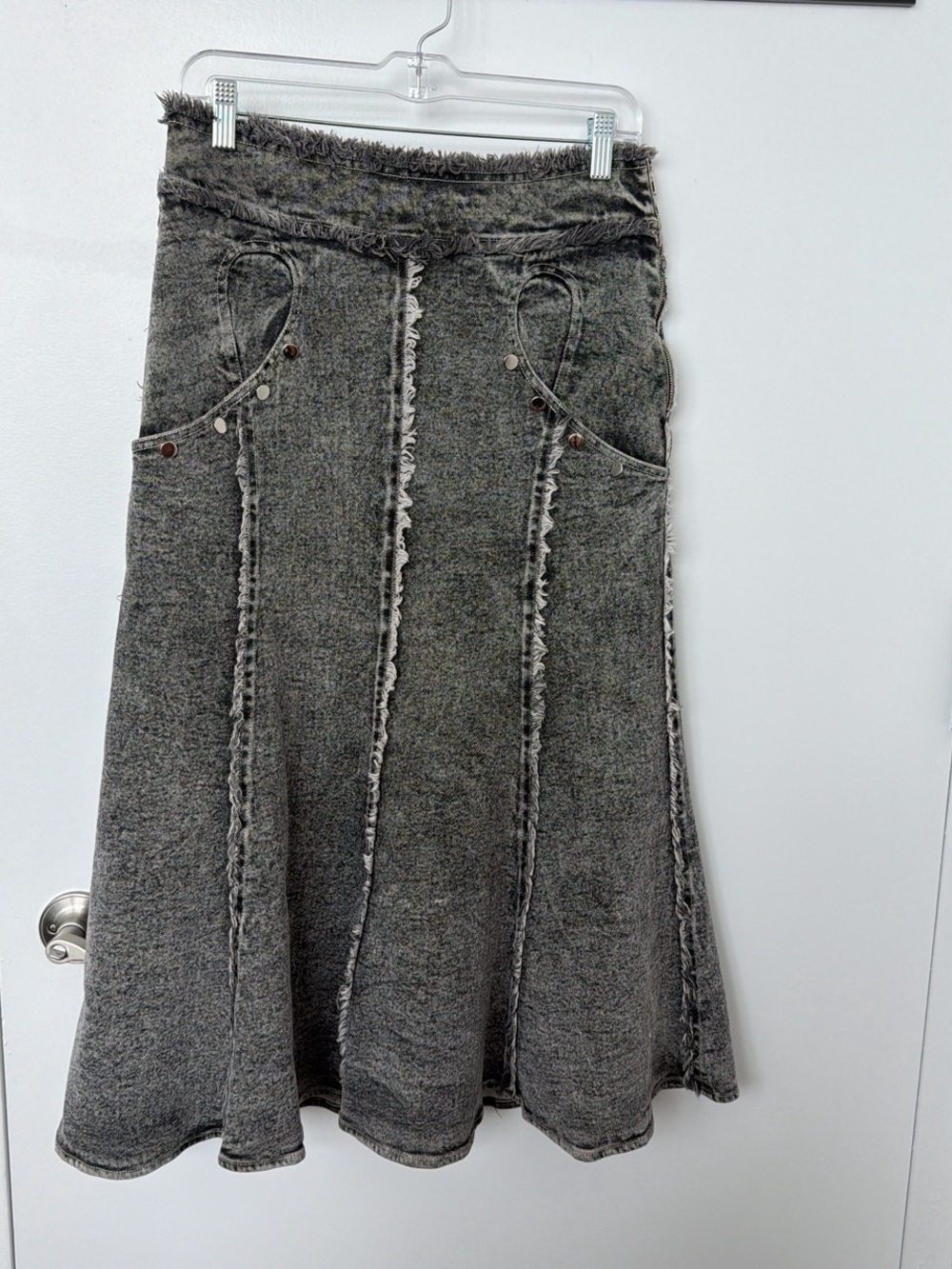 Frayed Seam Washed Gray A-Line Midi Skirt